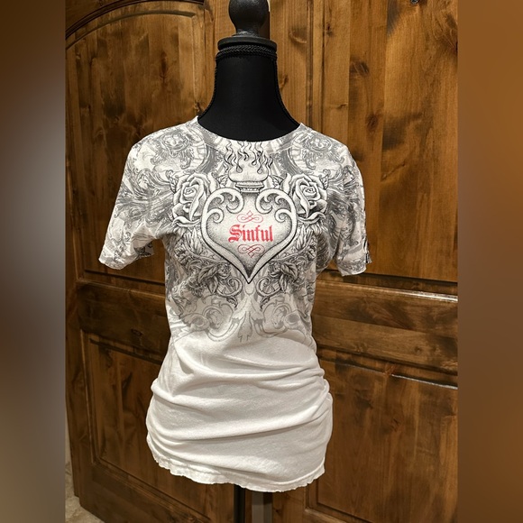Sinful White and Gray Graphic Tee - Picture 1 of 3